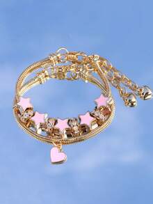 1 件青少年珠宝可调节简约时尚锌合金粉色花朵系列爱心空心花朵 DIY 串珠手链 - 彩色 - 查看 7