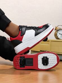 1 Pair New Hook And Loop Kids Shoes, Black Lace-Up Design, TPR Thick Sole, Black White Red, Single Row Single Wheel, Leather Red Heel Strap, Round Toe Low-Top, Waterproof, Children Sports Shoes, Suitable For Indoor/Outdoor, All Season, Girls/Boys Roller Skate Shoes, Fashion & Comfortable LC183 - black red - View 1