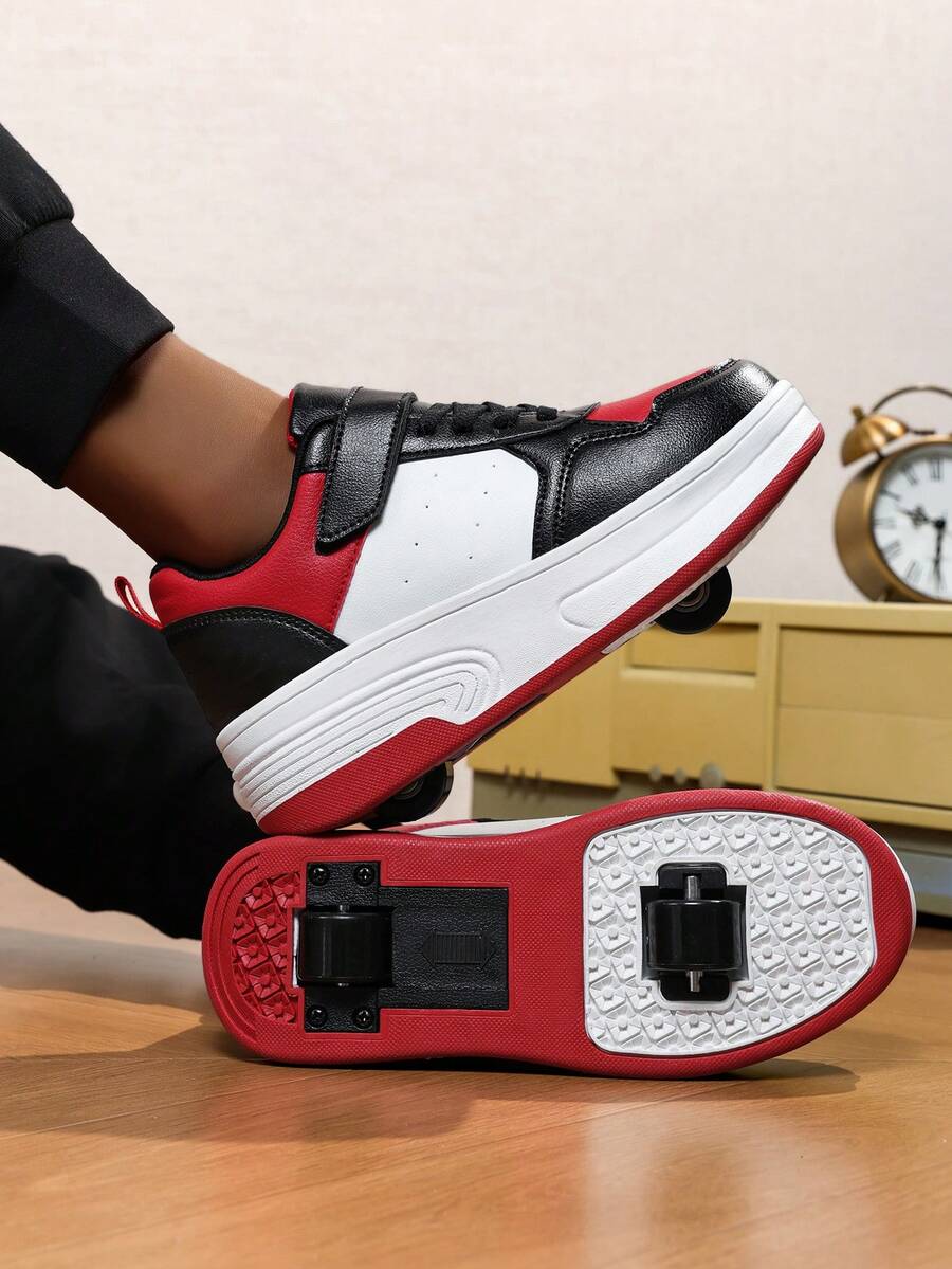 1 Pair New Hook And Loop Kids Shoes, Black Lace-Up Design, TPR Thick Sole, Black White Red, Single Row Single Wheel, Leather Red Heel Strap, Round Toe Low-Top, Waterproof, Children Sports Shoes, Suitable For Indoor/Outdoor, All Season, Girls/Boys Roller Skate Shoes, Fashion & Comfortable LC183 - black red - View 1