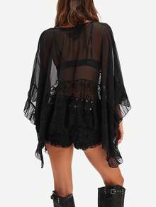 Women's Y2k Summer Sheer Poncho Tops Solid Color Batwing Sleeve Loose Fit T-Shirts Blouses Fairy Grunge Oversized V Neck Lace See Through Flowy Tops - màu đen - Xem 2