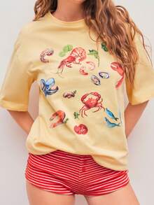 Womens Y2K Oversized Vintage Oceanside Seafood Graphic Tees Shirt  Loose Fit Tee Tops Casual Summer Short Sleeve Tops Streetwear - 黃色 - 查看 1