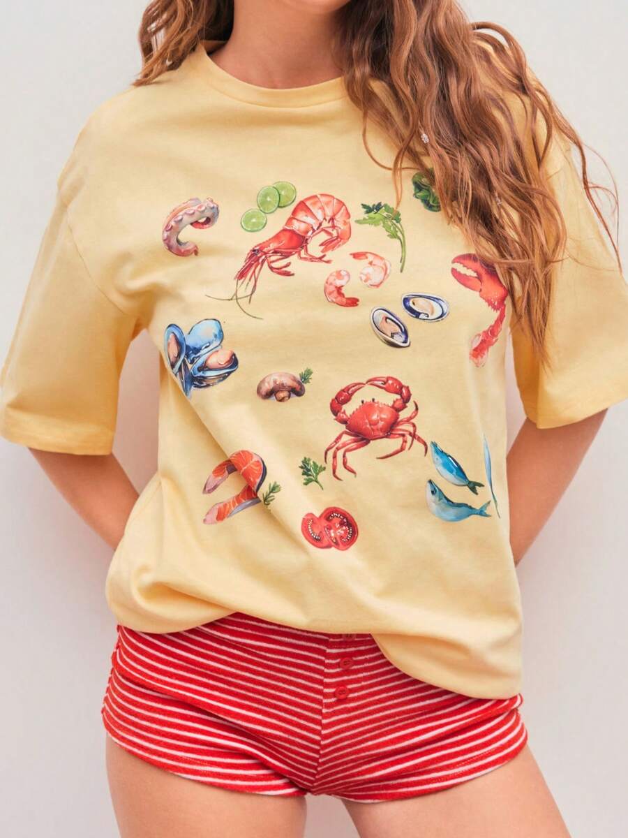 Womens Y2K Oversized Vintage Oceanside Seafood Graphic Tees Shirt  Loose Fit Tee Tops Casual Summer Short Sleeve Tops Streetwear - 黃色 - 查看 1
