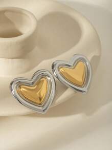 3 件欧美夸张不锈钢 18k 双色心形耳环和项链首饰套装，适合女性日常、节日、约会佩戴或送礼 - 雙色愛心 - 查看 3