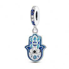 1 Stück Silberfarbener, exquisiter blauer Emaille-Zirkonia, glücklicher Fatima Hamsa Hand, Palme, böser Blick, religiöser Schutzanhänger, passend für original Armband, Halskette, Anhänger, Perlen für DIY Schmuckherstellung, Frauen, Mädchen, Geburtstagsschmuck, Geschenk für Freunde