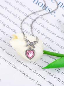 1pc Pink Zirconia Heart & Bow Tie Pendant Necklace, Sweet & Chic Clavicle Chain For Women