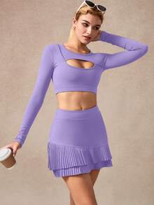 NcmRyu 1pc Women's Seamless Hollow Design Cinched Waist Tight Fit Long Sleeve Skirt Sports Set - Purple - View 7