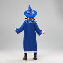 儿童魔术师COS斗篷巫师斗篷+尖顶帽套装，星形印花，透气万圣节派对服装，男女皆宜 - 彩色 - 查看 5