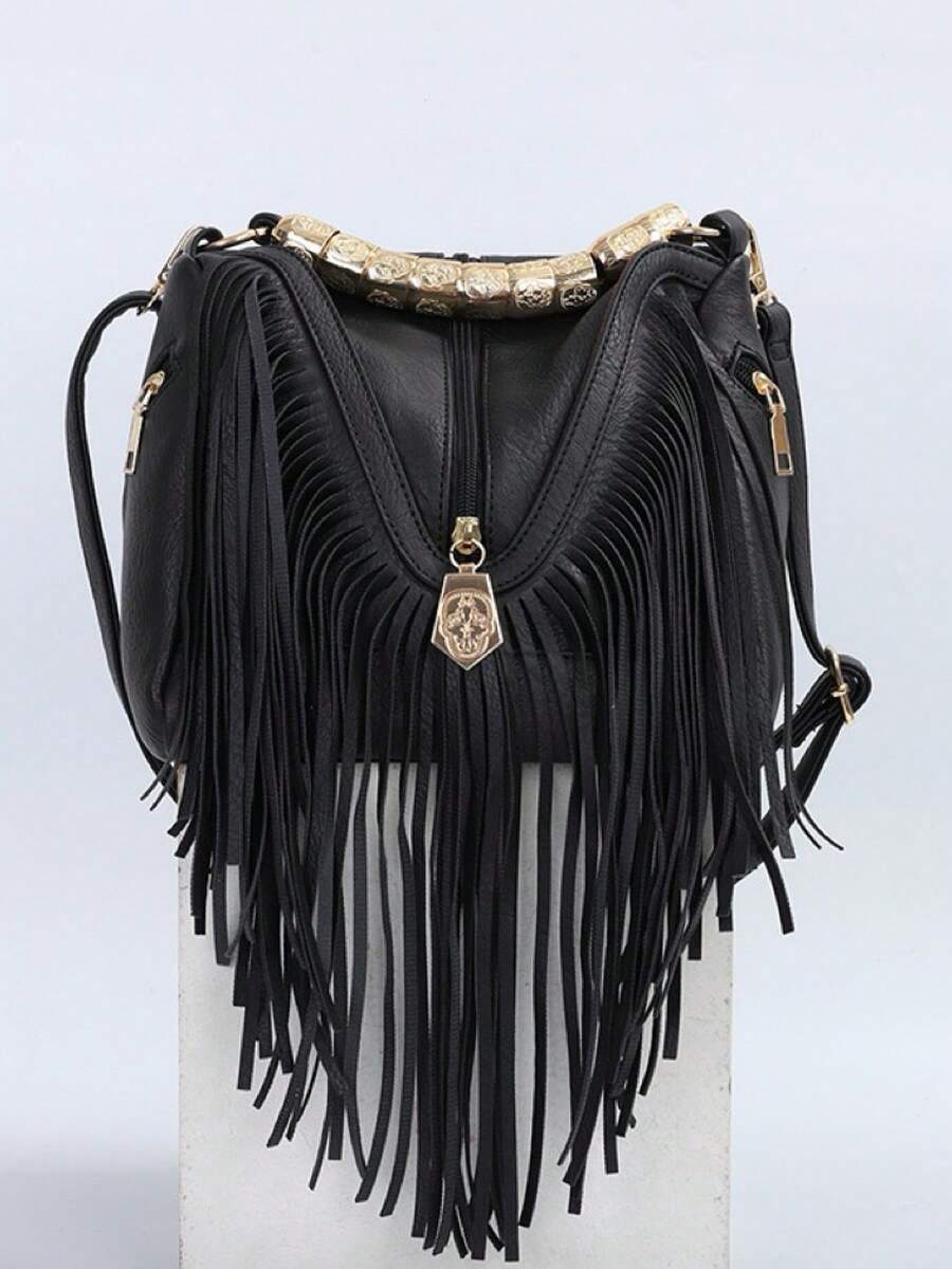 New European And American Style Tassel Handbag, Versatile Shoulder/Crossbody Soft Bag - Black - View 1