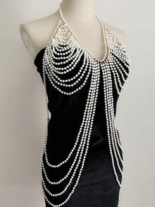 ZHENGHEN 1件装奢华法式性感长款珍珠项链，多层V领锁骨链，毛衣项链 - 白色067 - 查看 3