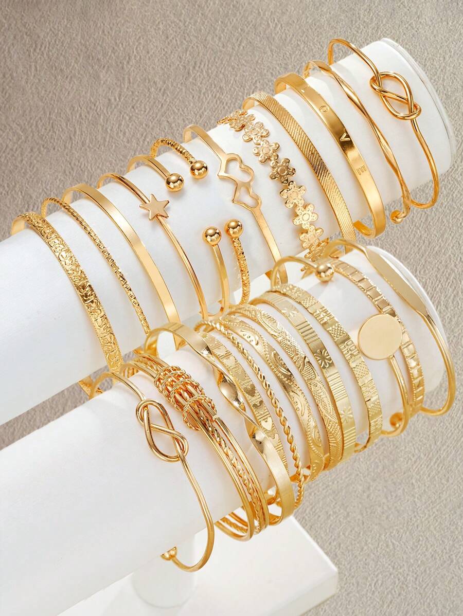 5/6 件复古时尚夸张开口星花扭纹手镯套装，光滑不对称袖口手镯 - 金色 - 查看 1