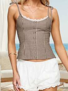 Women Plaid Camisole Slim Lace Trim Scoop Neck Tie-Up Spaghetti Strap Crop Shirts  Summer Streetwear