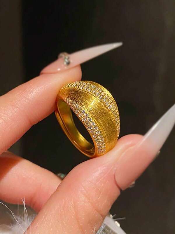 1pc Vintage French Rhinestone Inlaid Gold Textured Ring, Unique Design Minimalist Antique Style High-End Fashionable Accessory, Suitable For Women's Daily, Festival, Party Wear, Girlfriend Gift