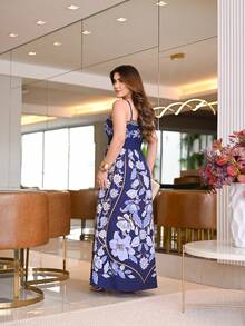 Women's Long Lastex Dress With Tie Straps - 藍白色 - 查看 4