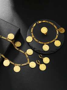 Bộ 5 món trang sức thời trang hình đồng xu cá nhân hóa, mặt dây chuyền, hoa tai, nhẫn, vòng tay, phụ kiện đồng xu vàng - Vàng - Xem 2
