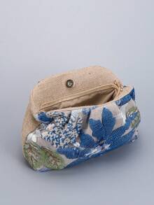 亮片刺绣花卉褶皱手拿包，女士休闲手拿包，时尚迷人的晚宴包，适合假日派对和通勤（图案位置随机） - 藍色 - 查看 4