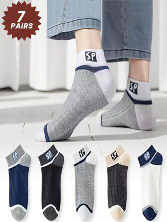 7 Pairs Random Color Men's Ankle Socks, Spring/Summer Men's SP Letter Striped Patchwork Ankle Socks, Simple Versatile Casual Sports Socks