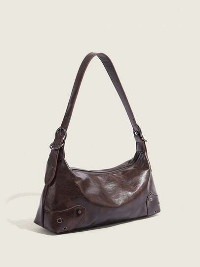 1 件纯色 PU 皮革时尚复古斜挎包，独特设计百搭斜挎腋下包，适合日常通勤和学生，可与服装搭配