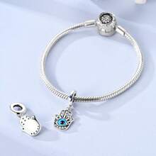1 Stück Silberfarbener, exquisiter blauer Emaille-Zirkonia, glücklicher Fatima Hamsa Hand, Palme, böser Blick, religiöser Schutzanhänger, passend für original Armband, Halskette, Anhänger, Perlen für DIY Schmuckherstellung, Frauen, Mädchen, Geburtstagsschmuck, Geschenk für Freunde