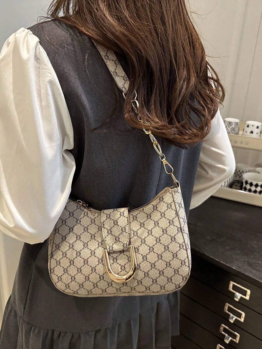 轻便商务休闲小号单肩包，纯色金属装饰，适合少女、女性、大学生、年轻职业人士和上班族，完美适用于办公室、大学、工作、商务、通勤、户外活动、旅行和休闲场合。 - 卡其色 - 查看 1