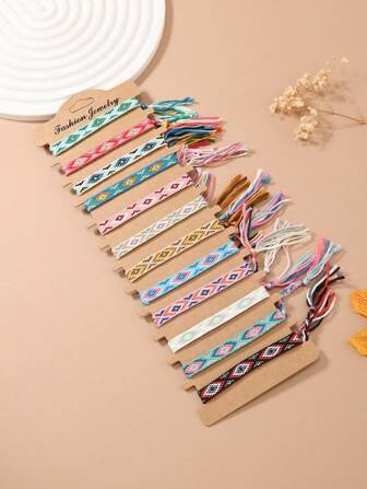 12 件波西米亚风格友谊手链套装，花边编织 + 手工编织，复古风格，适合海滩、度假村