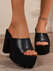 1 双亮面性感 PU 皮革防水厚底绑带粗跟露趾休闲高跟凉鞋，适合春夏季户外穿着 - 黑色 - 查看 2
