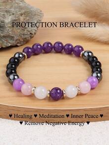 天然紫水晶抗焦虑手链，男女皆宜，冥想珠宝，放松、镇静、平衡、积极、释放消极情绪 - 彩色 - 查看 2