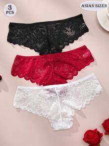 3pcs Elegant Lace Panties For Women Stylish Sexy Low Rise Briefs Comfortable Stretch Translucent Panties Black White And Red Panties Wavy Lace Romantic Sexy Lingerie For Women - Multicolor - View 2