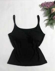 Women's Tank Top. Thin Strap With Padding, Flannel Ribbed Material - 黑色 - 查看 2