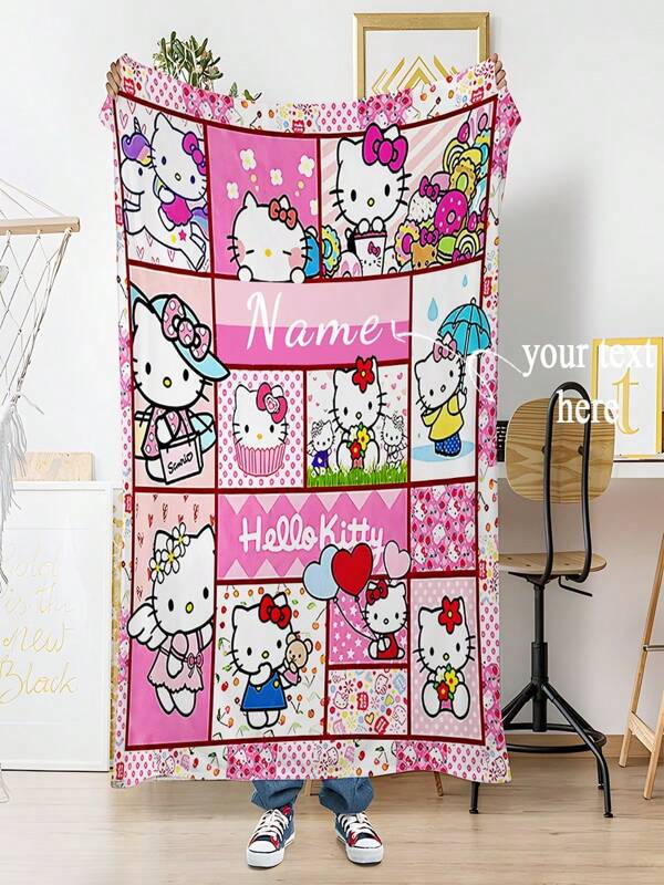 Sanrio 1pc Customized Sanrio Official Licensed Hello Kitty Blanket, Soft & Skin-Friendly, Washable, Customizable Name, Cute, Unique & Personalized, Ideal Gift For Home, Friends, Sofa, Bed, Tea Room, Bedroom, Living Room, Dining Room