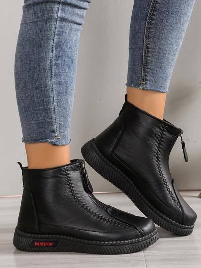 Modische und bequeme thermisch gefütterte warme Flachstiefel für Damen, Weiche Sohle, Weiche Oberfläche, Dicke Sohle, Schlüpfstiefel für Mittelalter und Senioren