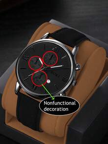 1 reloj de hombre, con función de calendario, esfera redonda de moda con movimiento de cuarzo, correa de PU, adecuado para uso diario, regalo de cumpleaños, fiesta, reunión festiva, regalo ideal para ti o tus amigos. No incluye caja de embalaje. - Negro - Ver 4