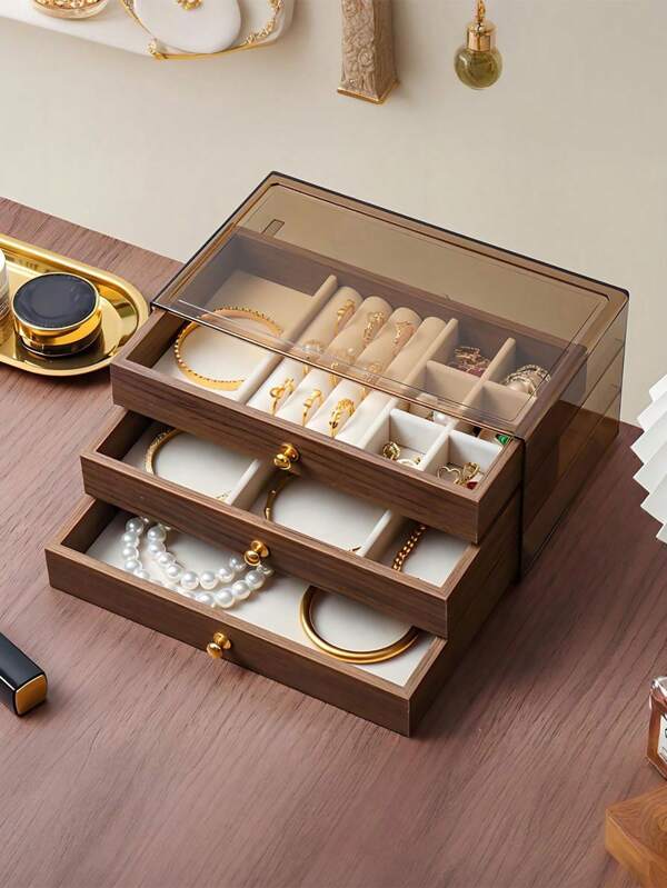 1pc 3-Layer Wood Flannel Jewelry Box, Drawer Style Jewelry Box For Rings, Earrings, Necklaces, Jewelry Storage And Organizer, Acrylic With Flannel, Gift For Women And Girls, Summer