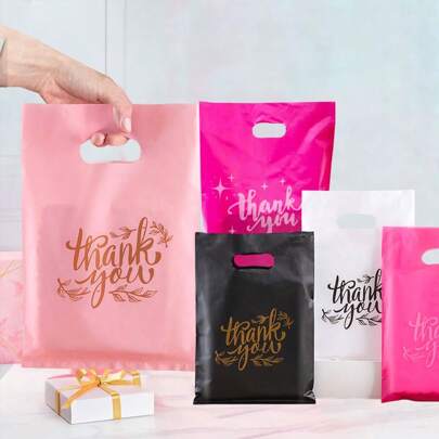 50pcs/20pcs Thank You Gift Bags, Retail Shopping Bags, Reusable Plastic Bags With Handles, Wedding Gift Bags, Holiday Gift Bags, Business Gift Packaging Bags, Shop, Clothes, Party Shopping Bags, Candy Cookie Gift Bags, Birthday Gift Gift Bags