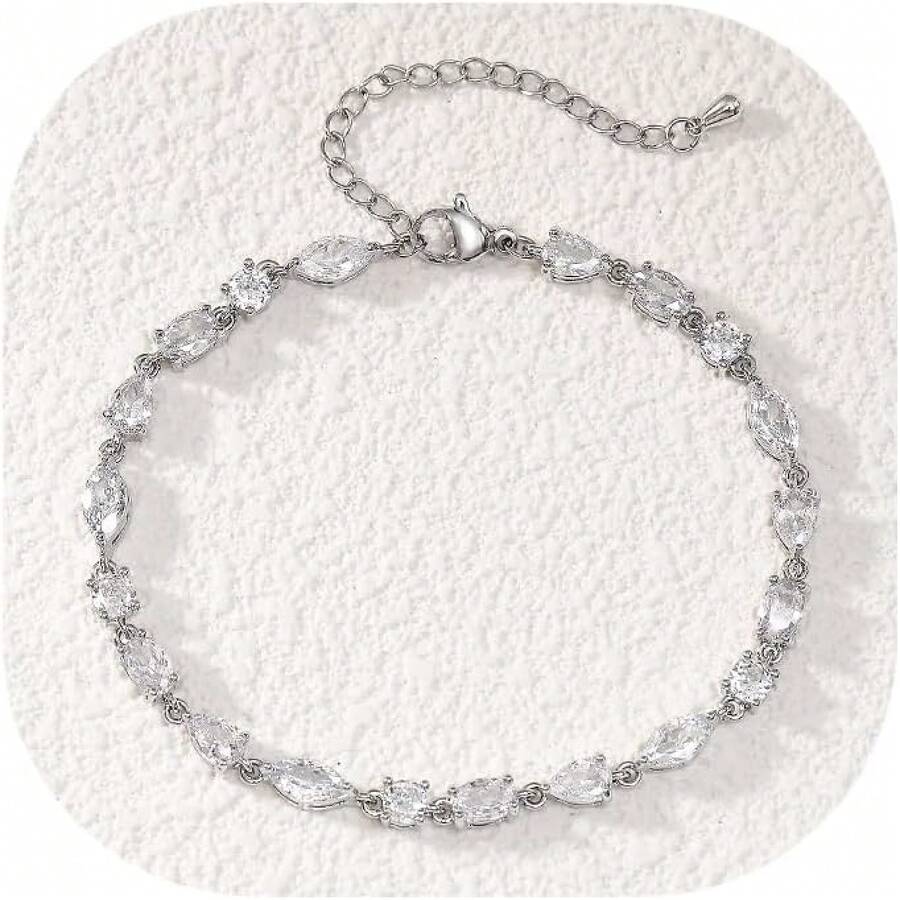Crysdue Wedding Bridal Link Bracelet Brides Bridesmaids, Marquise Cubic Zirconia Tennis Bracelets Women Prom Jewelry - H_CZ,銀 - 查看 1