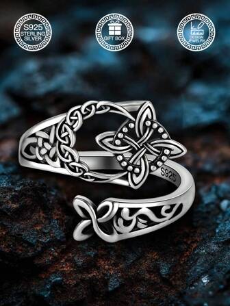1pc S925 Sterling Silver Celtic Knot Crescent Moon Witch Knot Ring, Jewelry For Women, Suitable For Daily Decoration, Easter Decoration, Music Festival Decoration, Easter Gift, Christmas Gift, Wedding Gift, Comes With Gift Box
