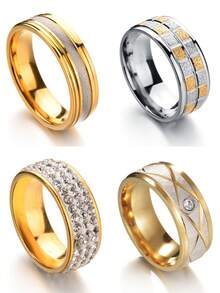 1 件永久不褪色格子水钻金色不锈钢戒指，情侣首饰，男友生日礼物