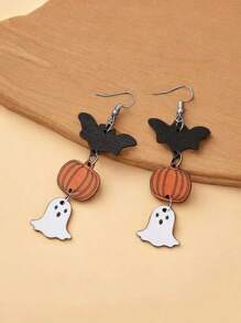 1 Pair Gothic Style Wooden Halloween Earrings, Ghost Pumpkin Bat Pendant Earrings For Women, Funny Festival Costume Jewelry, Suitable As Gift For Friends And Dates