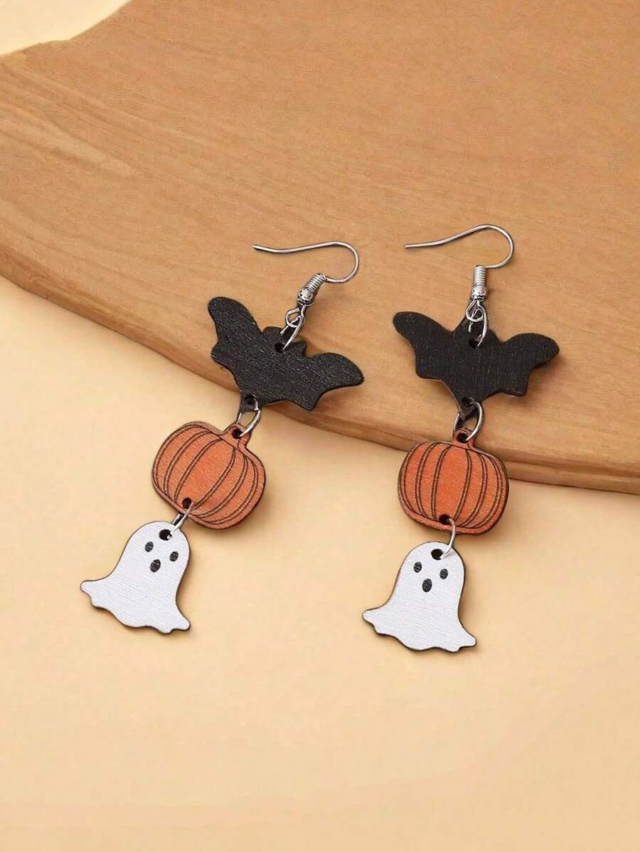 1 Pair Gothic Style Wooden Halloween Earrings, Ghost Pumpkin Bat Pendant Earrings For Women, Funny Festival Costume Jewelry, Suitable As Gift For Friends And Dates