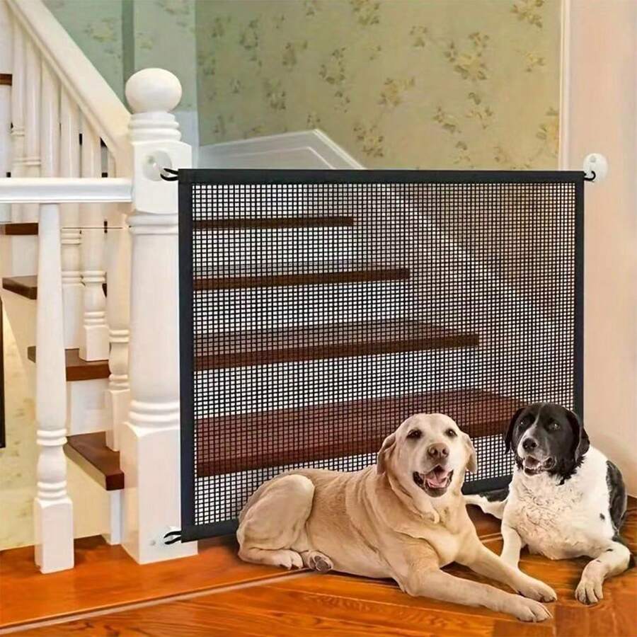 A Portable Foldable Pet Gate (With 6 Transparent Hooks), No-Drill Pet Safety Barrier, Dog Obstacle Protection Fence, Suitable For Stairs, Balcony, Doorway, And Outdoor Use.