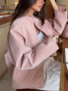 女式新款拉链纯色百搭秋冬性感舒适夹克，仿麂皮外套 - 粉色 - 查看 4