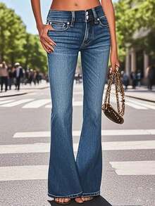 Women's High Waist Flared Jeans, Showcasing Decorative Silver - Buttoned Pockets, Contrast Stitching, Faded Wash, Double - Button Front, And A Retro Flared Silhouette For Distinctive Style