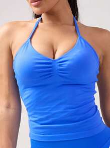 女士瑜伽运动文胸无袖露脐运动上衣，弹力健身运动背心，透气 - 藍色 - 查看 9