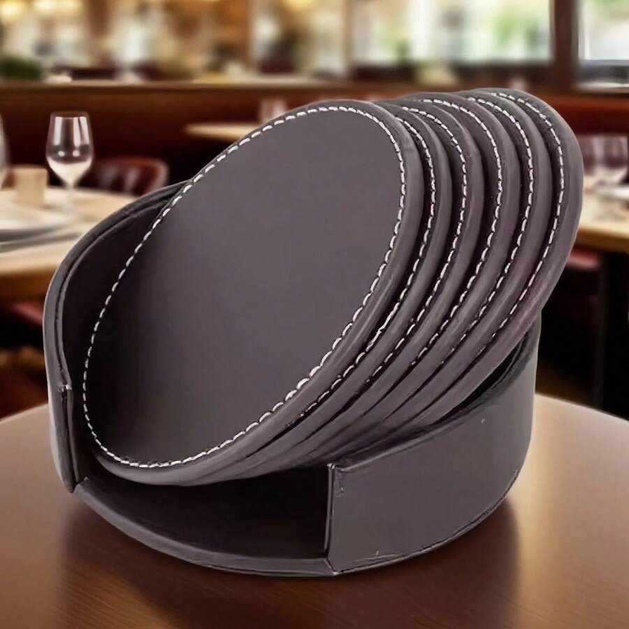 6pcs/Set Round PU Leather Coasters, 4-Inch Insulated Anti-Scald Double-Sided Cup Mats, Suitable For Home And Restaurant