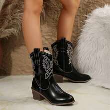 Women Pointed Toe Western Boots Cowboy Booties Low Heel - 黑色 - 查看 4