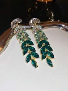 1 Pair Fashion Elegant Gradient Green Leaf Crystal Earrings, Suitable For Daily Wear (Random Leaf Quantity)