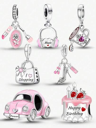 1 PC 925 Sterling Silver Pink Delicate Objects Beads Pendant Charm Pendant Ball Suitable For Bracelets DIY Women's Jewelry