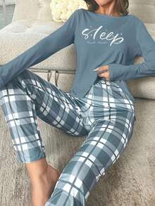 字母图案长袖上衣和裤子睡衣套装，女士睡衣，秋冬服装 - 綠色 - 查看 2