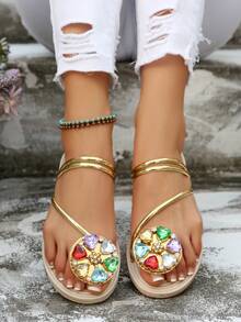 2025 新款时尚圆形装饰哑光平底女凉鞋，四季流行宝石度假风格欧美加大码简约趾环带拖鞋，轻质水钻侧条纹纯色橡胶鞋底 - 黃色 - 查看 5