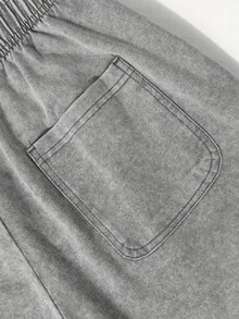 290g Washed Shorts, Cross Design Printed Summer Men's Retro Washed Casual Street Sports Shorts, Comfortable And Breathable, Suitable For Daily Wear, Adjustable Drawstring Waist Circumference, Elastic Waistband And Pocket - Xám - Xem 6