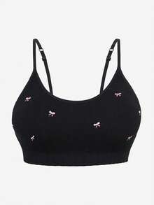 1pc Women Plus Size Seamless Embroidered Camisole Bra, Soft & Comfortable Wireless Bra - Black - View 4